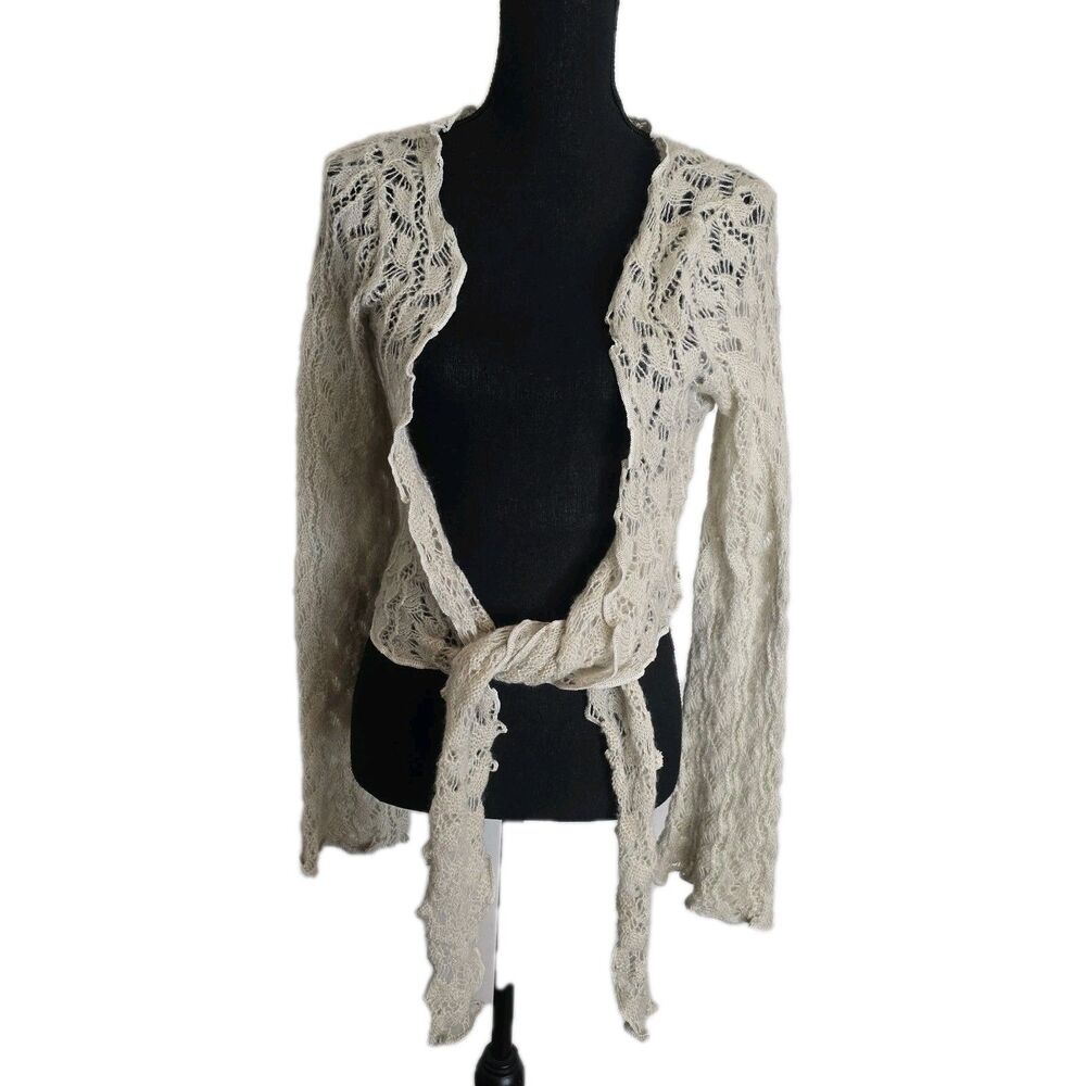 BDG Urban Outfitters Cardigan Large Crochet Tie Front Beige Boho Coastal